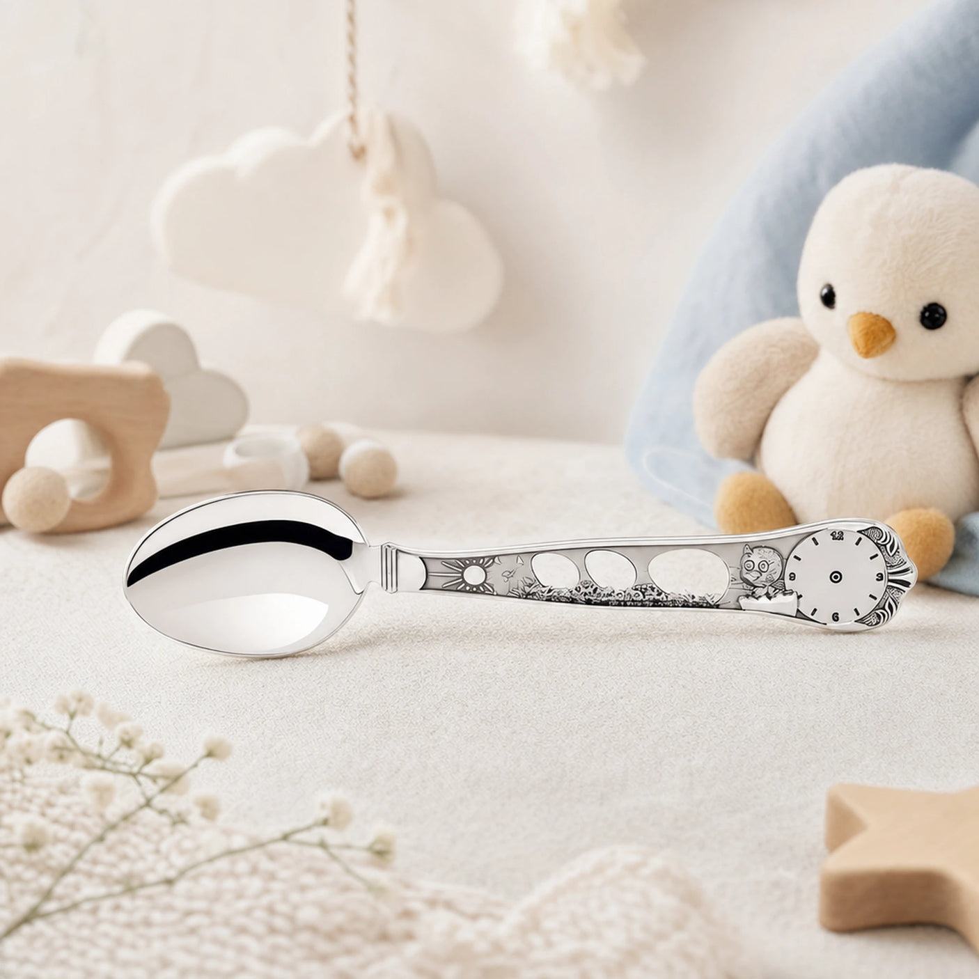 Geburtslöffel 925 Silber mit Küken- und Uhr-Motiv — Lifestyle-Setting, Erinnerungsgeschenk zur Geburt