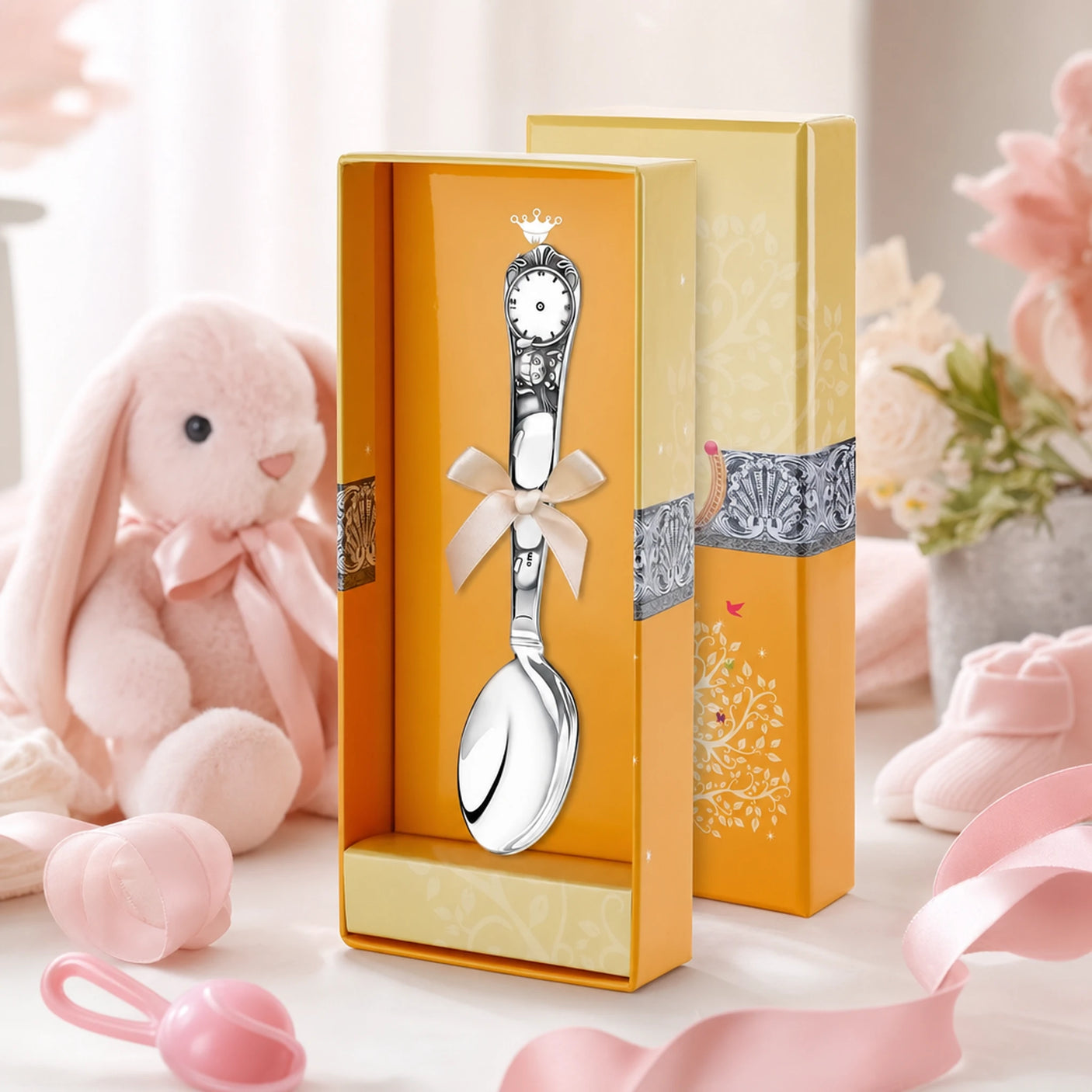 Geburtslöffel 925 Silber mit Mädchen-Motiv und Geburtsuhr — Lifestyle-Setting, Erinnerungsgeschenk zur Geburt für Mädchen