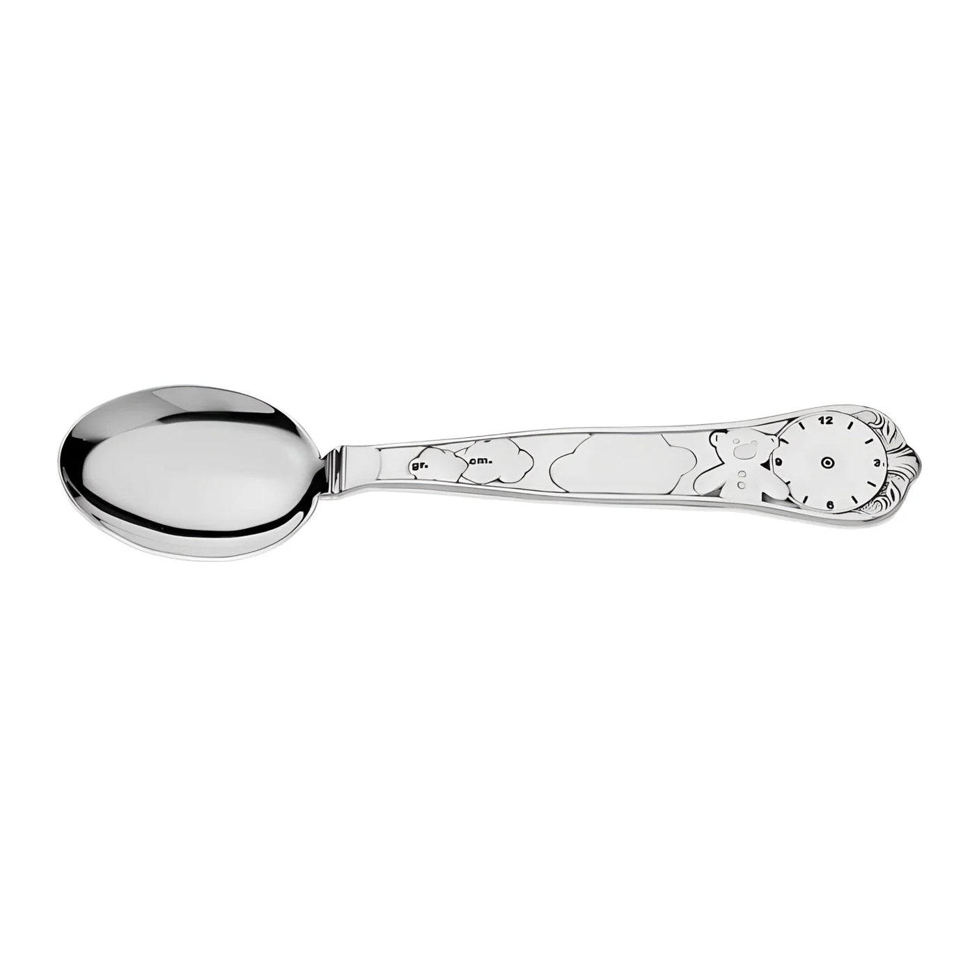 Babylöffel 925 Silber Bär — Einzelteil mit graviertem Teddybär, Gravurfeldern und Geburtsuhr-Ziffernblatt am Stiel
