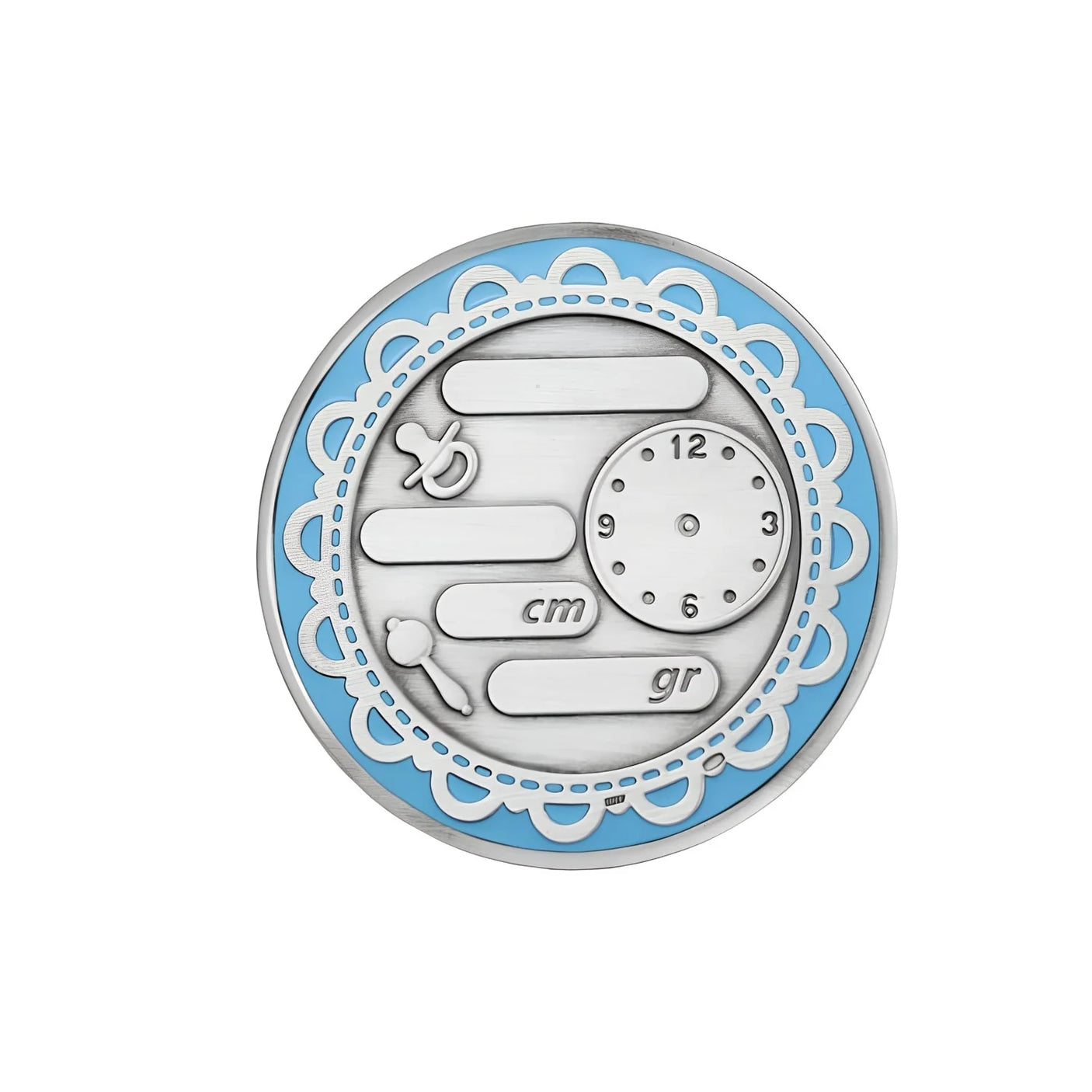 925 Silber Geburtstaler blau Rückseite. Felder für Name Datum Größe Gewicht Uhrzeit.