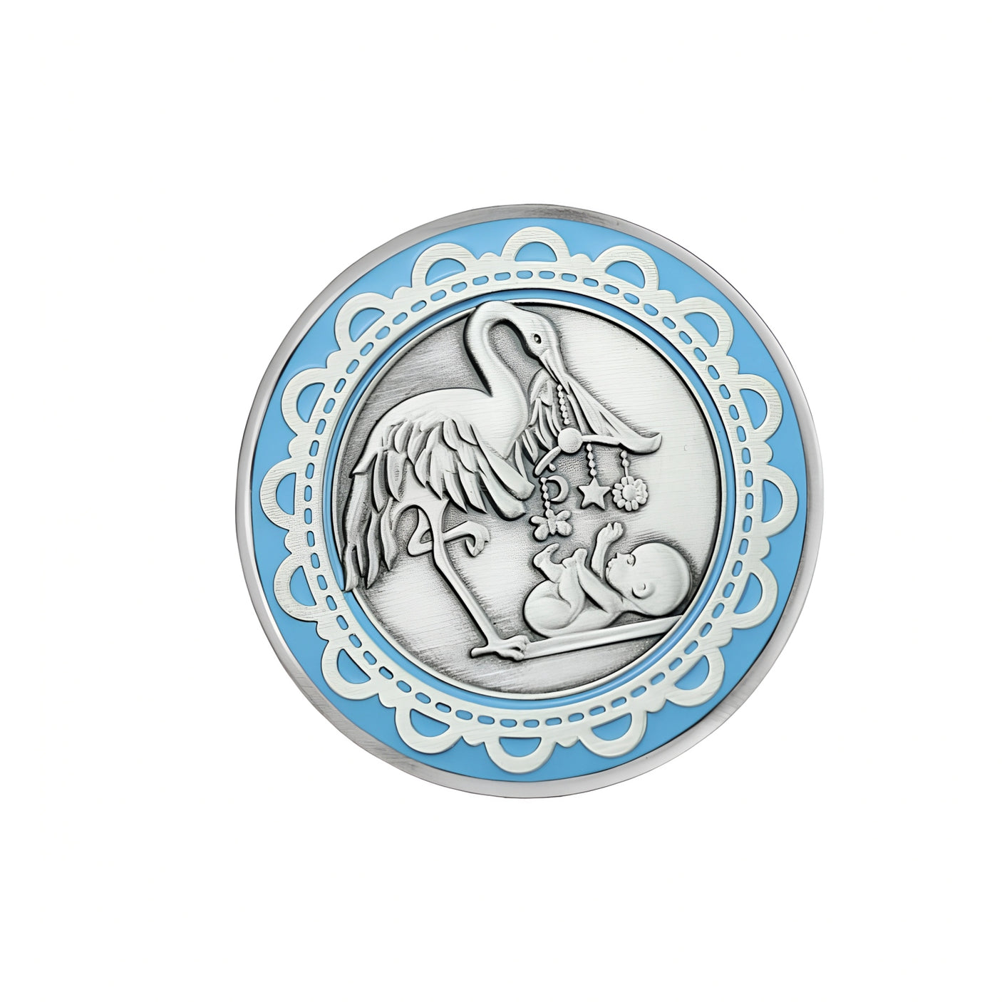 925 Silber Geburtstaler Junge Storch Baby blau Emaille. Taufgeschenk.