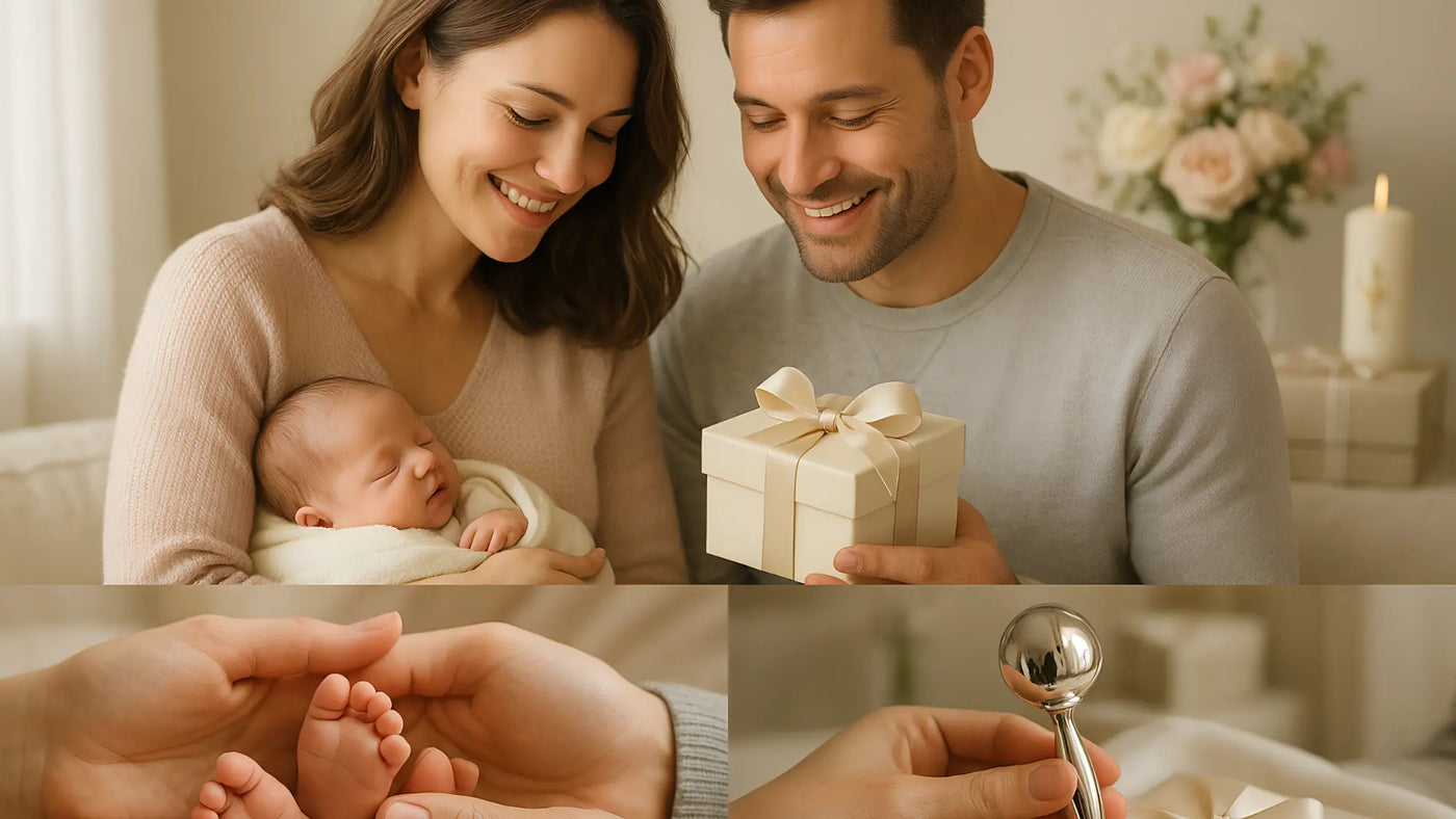 Eltern mit Baby und silbernem Geschenk – emotionale Szene zur Geburt, Symbol für Liebe und Willkommensfreude.