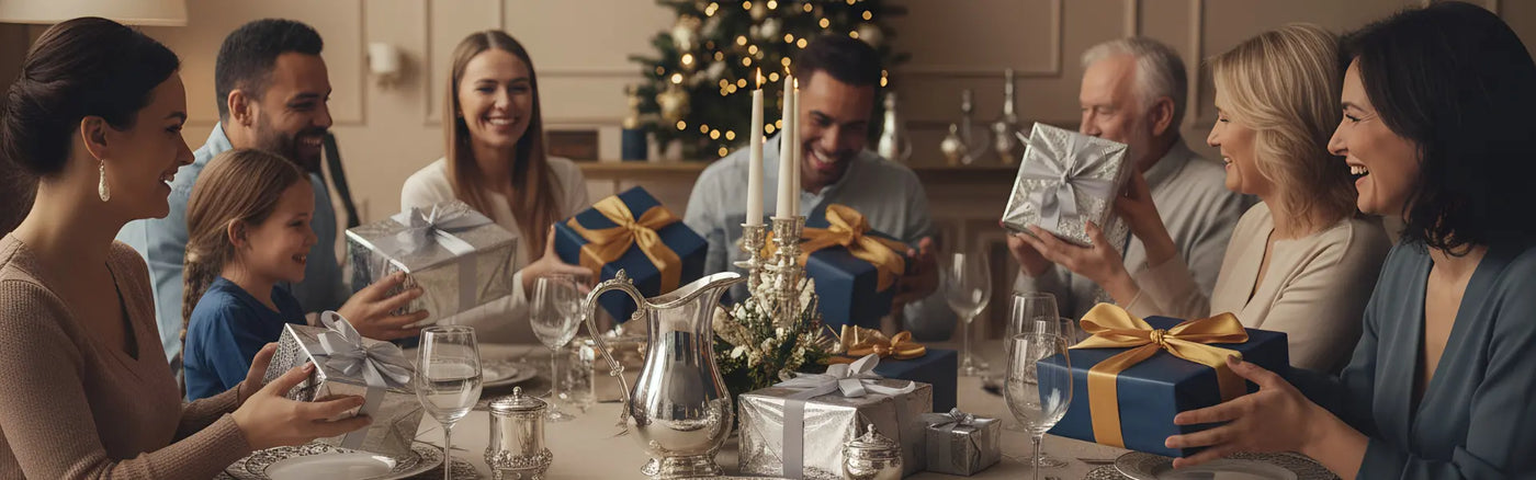 Familie und Freunde sitzen festlich an einem Tisch und schenken sich liebevoll verpackte Geschenke aus 925 Sterling Silber – festliche Stimmung, Freude und besondere Geschenkideen für jeden Anlass.