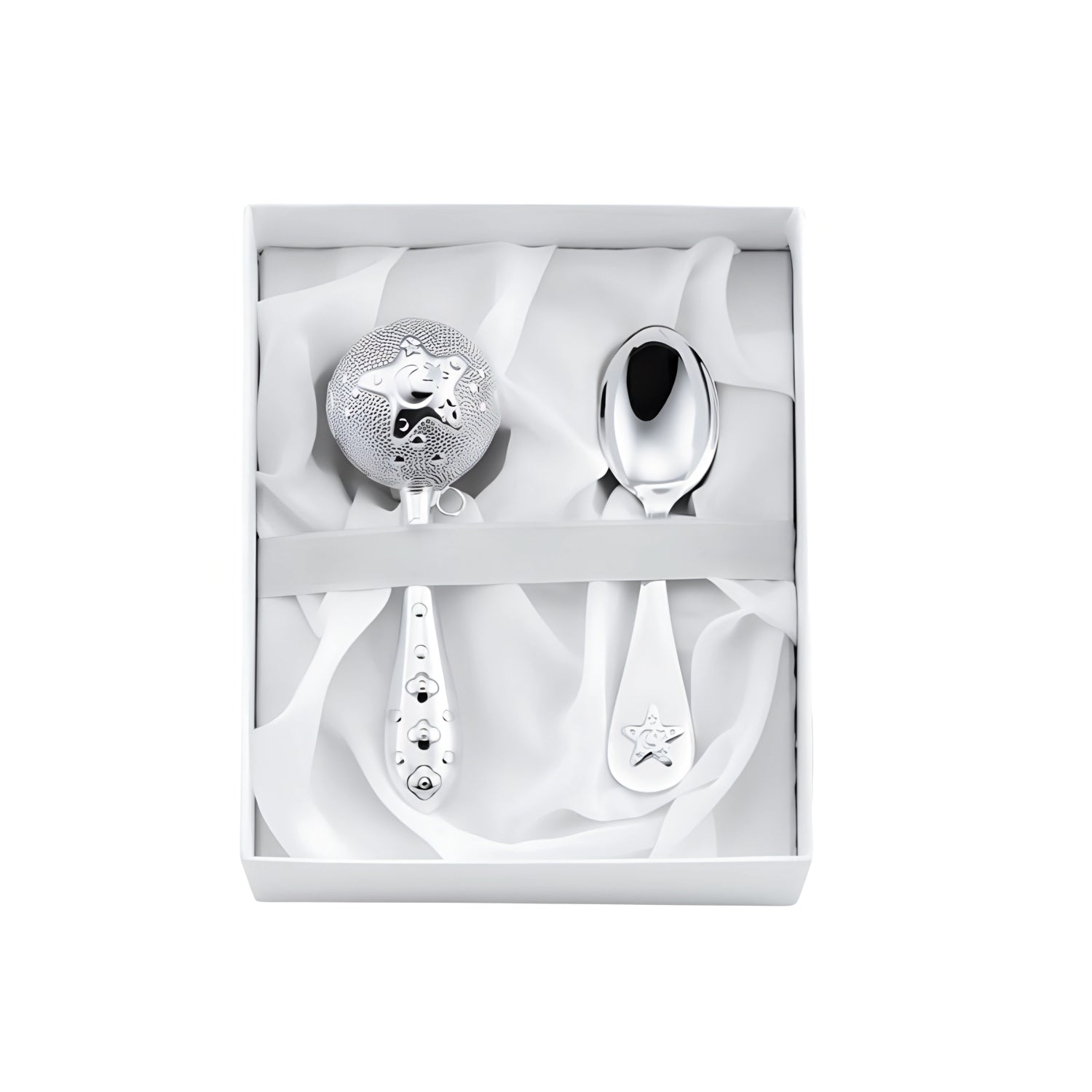 Geschenkset Babyrassel & Babylöffel aus 925 Silber mit Sterne-Motiv – ideal zur Taufe oder Geburt