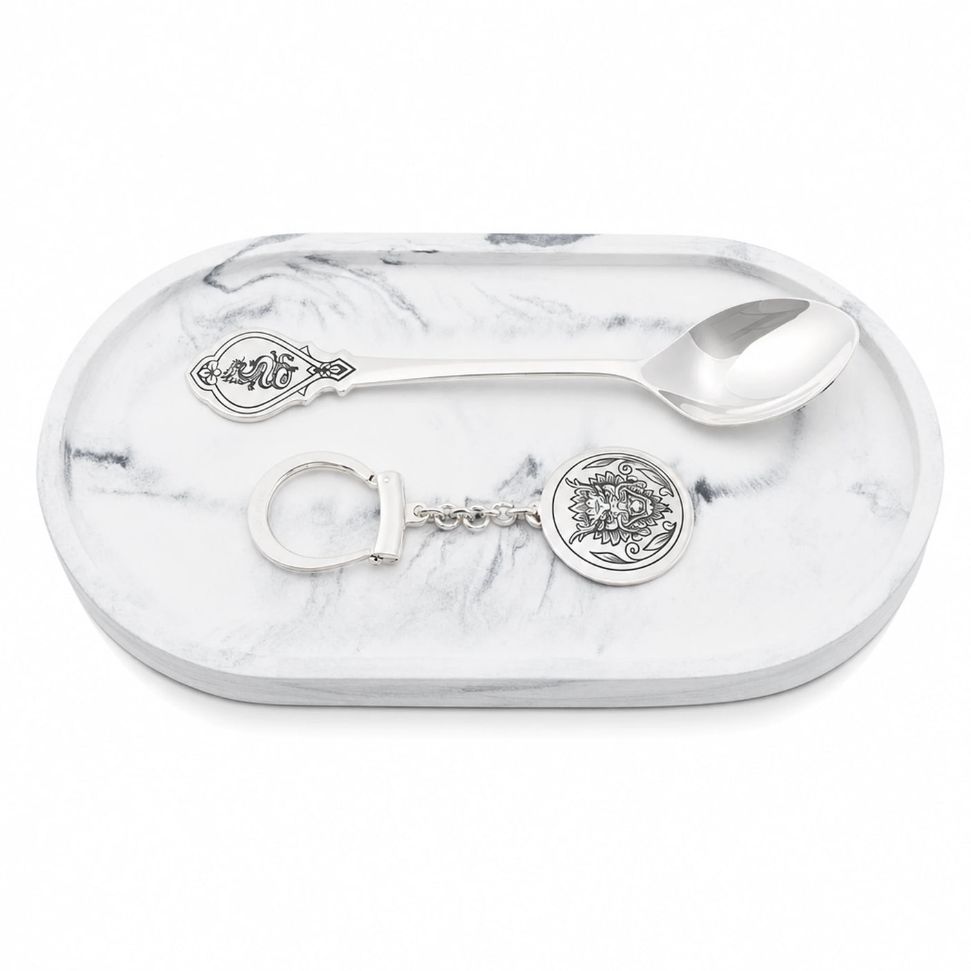 Geschenkset 925 Silber Niello Drache — Schlüsselanhänger und Löffel auf Marmorschale mit Satin, Lifestyle