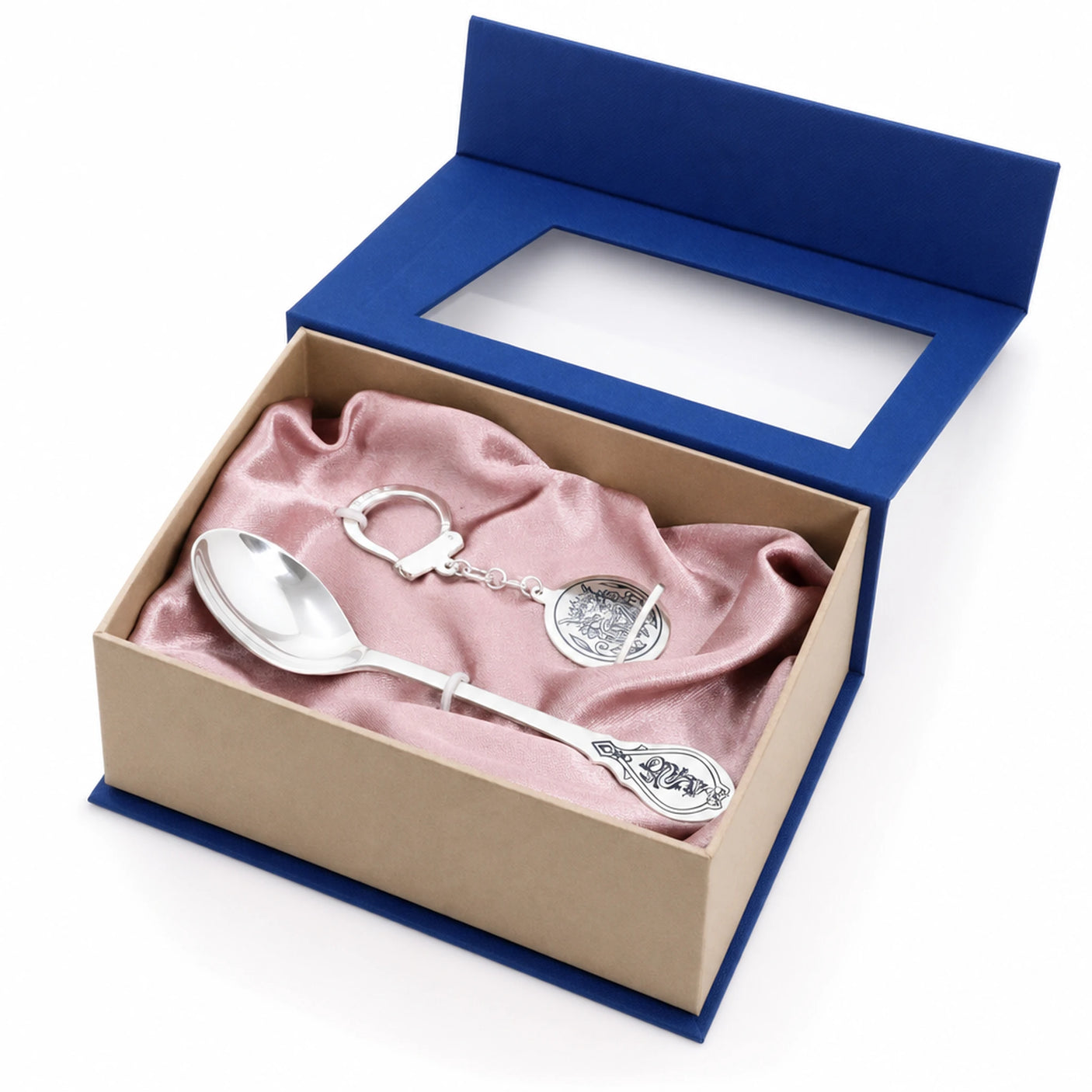 Geschenkset 925 Silber Niello Drache — Set auf rosa Satin in blauer Geschenkbox, Lifestyle-Aufnahme