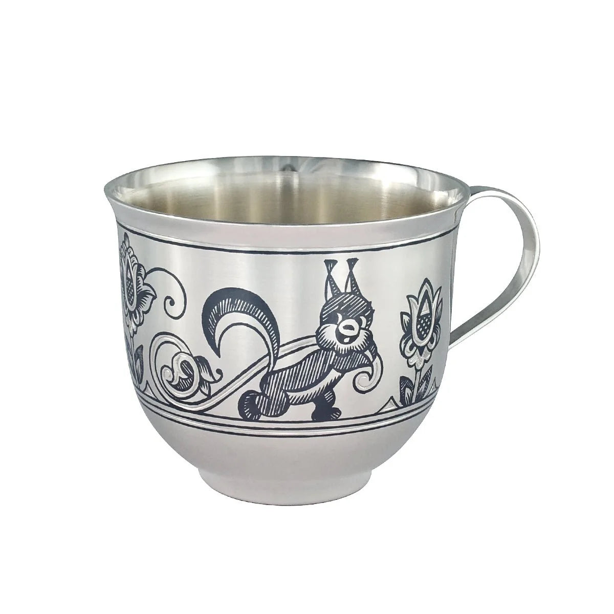 Kinderbecher 925 Silber Eichhörnchen-Niello — Henkelbecher mit Eichhörnchen-Motiv und floralen Ornamenten