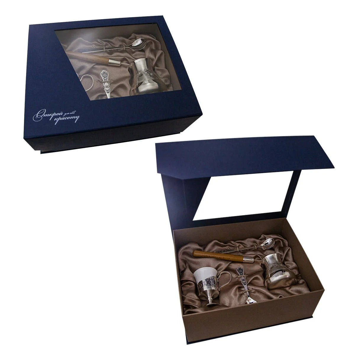 Silber Kaffeetürke-Set Rosata Gourmet 4-teilig — Cezve mit Tasse Porzellan-Niello und 2 Löffeln, SevChern, Mokka-Geschenk Hochzeit