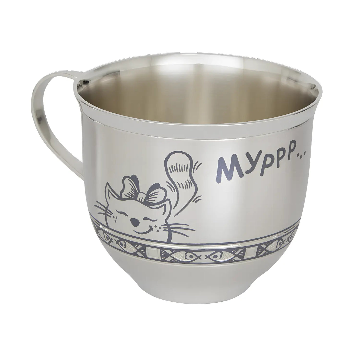 Kinderbecher „Murlyka-Mädchen“ aus 925 Silber mit Katze und „МУРРР“ Gravur – Niello & Handarbeit.