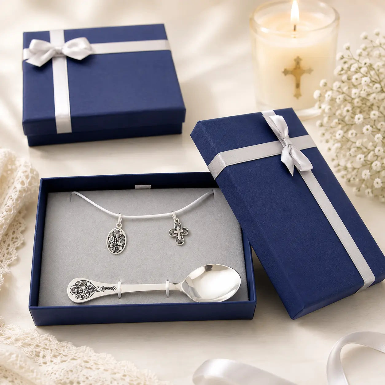 3-teiliges Geschenkset zur Taufe aus 925 Silber mit Niello-Verzierung, Silberlöffel, Kreuzanhänger und Schutzengel-Medaillon