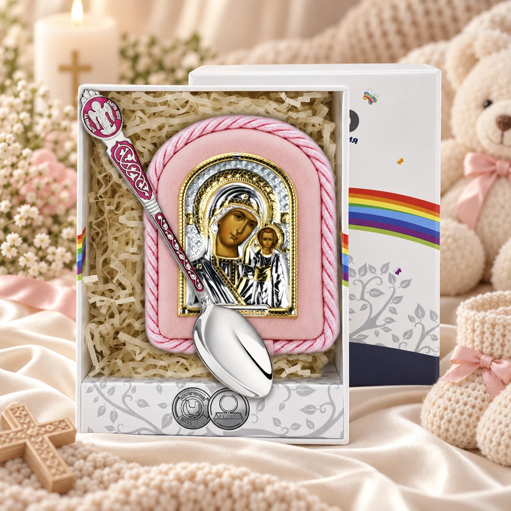 Geschenkset zur Taufe „Mutter von Kasan“ in Rosa in der Original-Geschenkbox — Lifestyle-Aufnahme auf cremefarbenem Satin mit Plüschtier und Schleierkraut, Geschenk zur Geburt