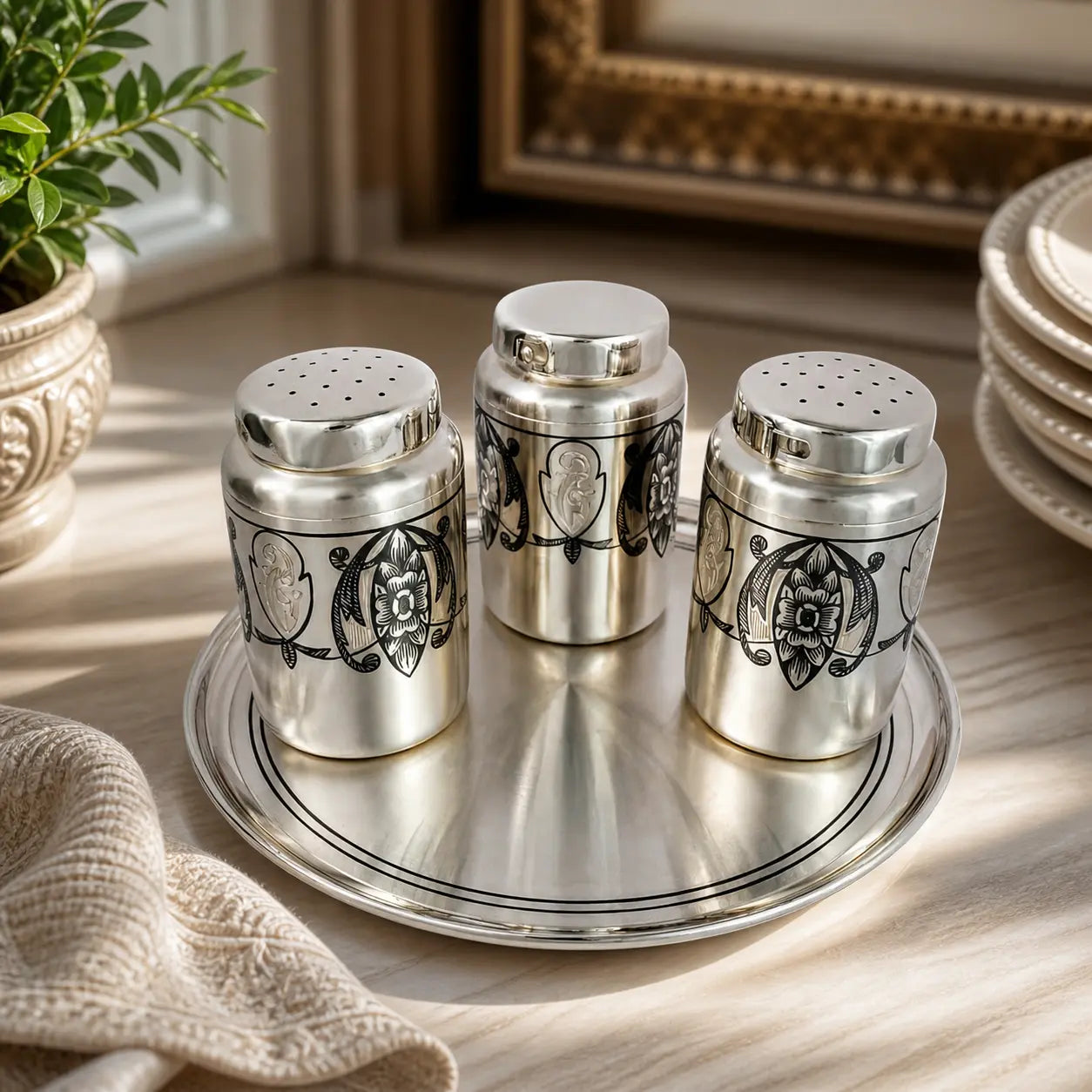 Gewürzestreuer Set 925 Silber mit Niello Dekor 3-teilig auf Tablett in eleganter Tischszene, hochwertiges Tafelsilber