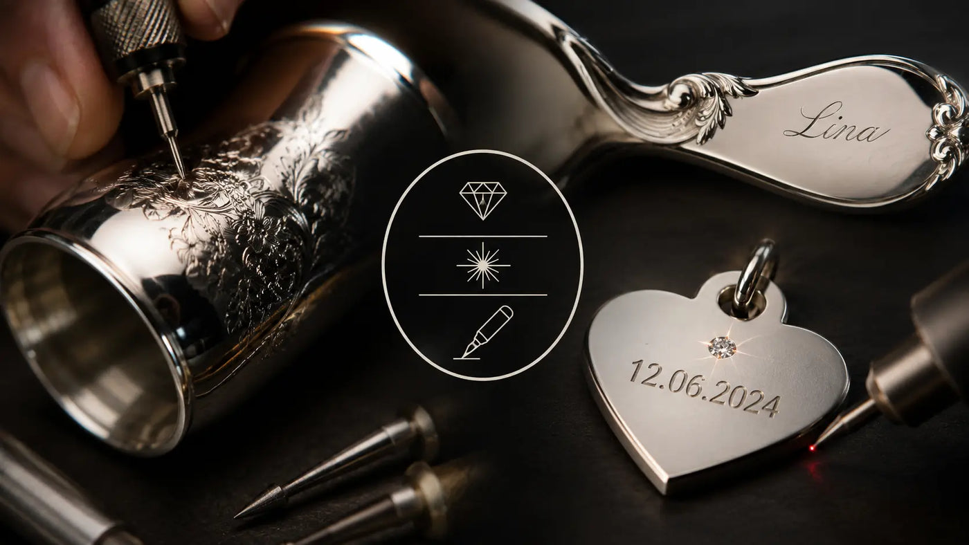 Handgravur auf 925 Silber mit feiner Diamantgravur und Lasergravur – individueller Gravur-Service für personalisierte Silbergeschenke bei premiumgeschenk.de
