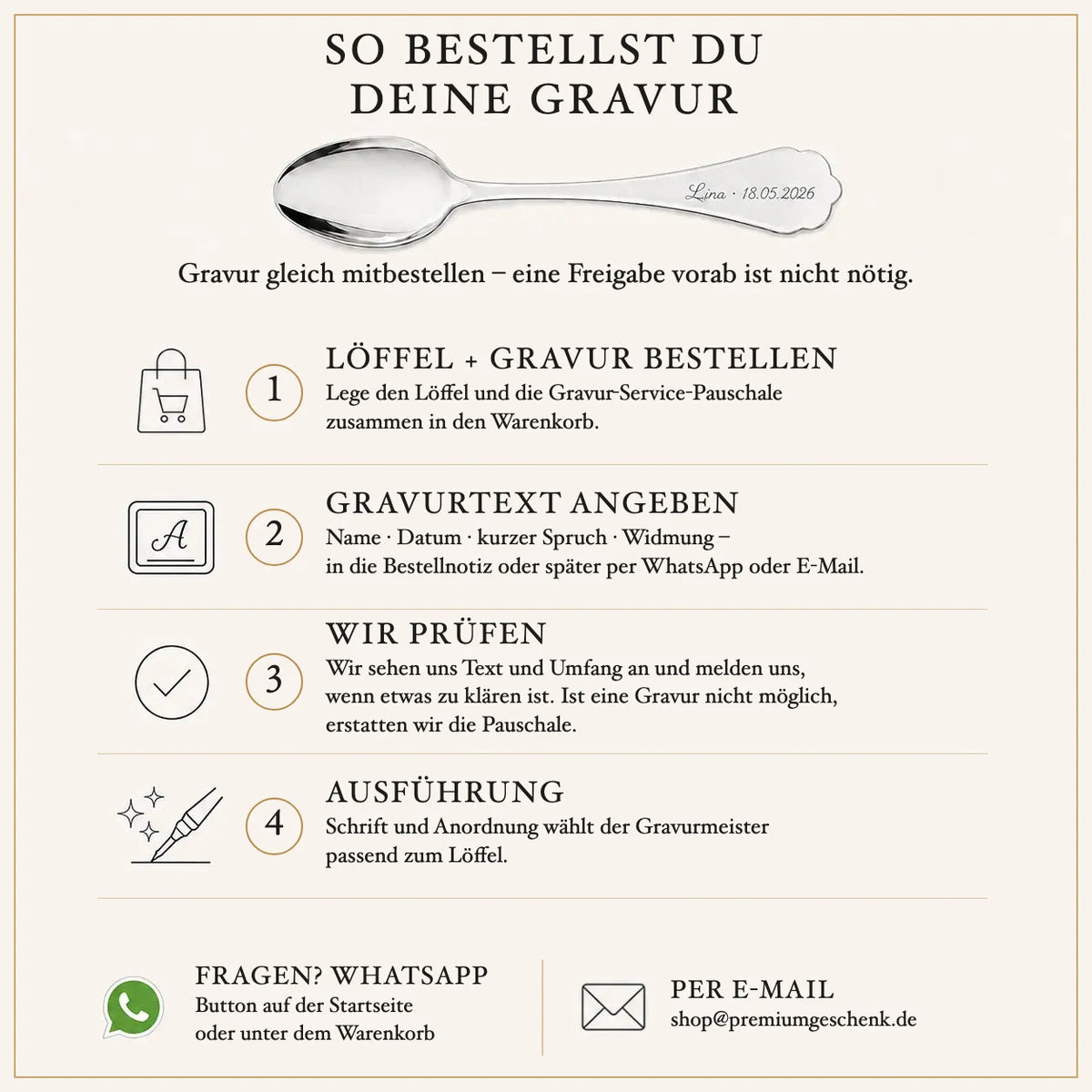 Gravur bestellen in vier Schritten: Löffel und Pauschale in den Warenkorb, Text angeben, Prüfung, Ausführung
