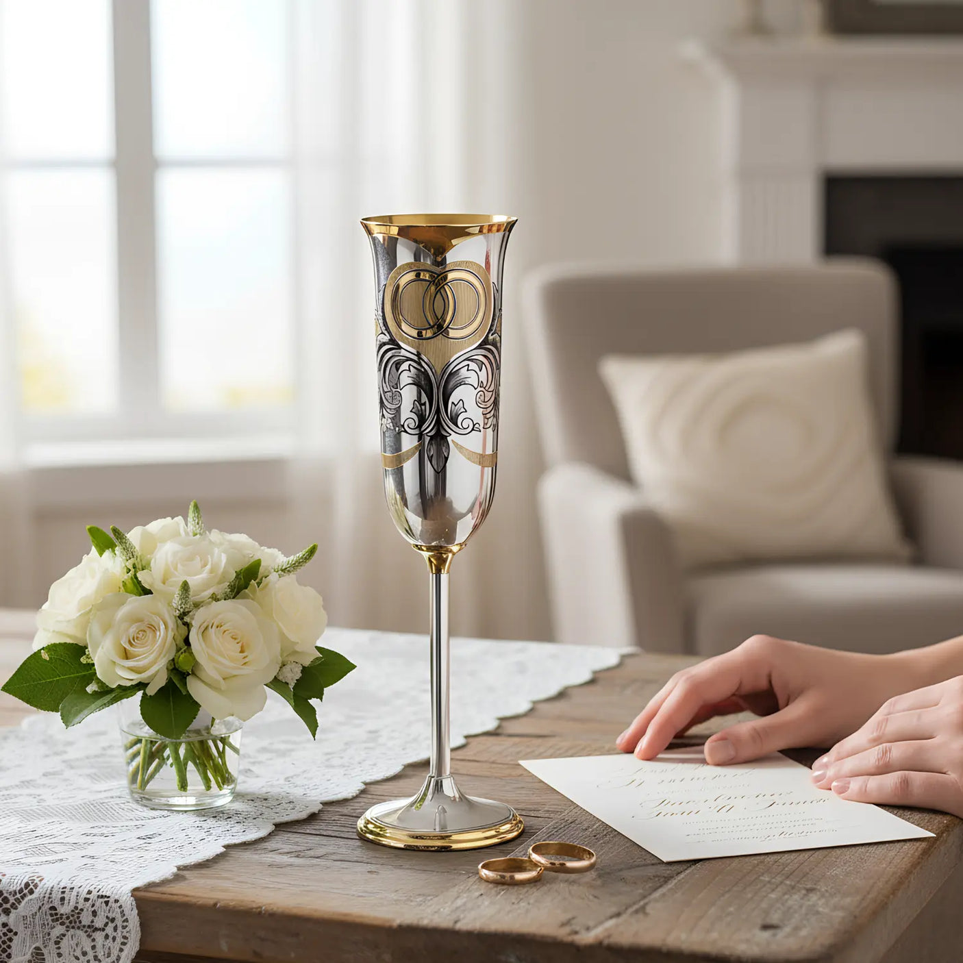 Hochzeits - Sektglas 925 Silber – Ringe, Niello & Vergoldung