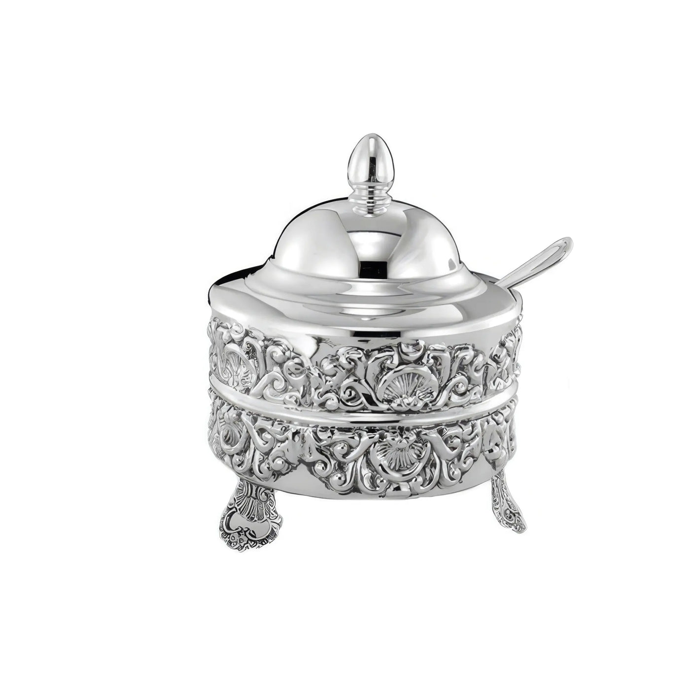 Honigdose aus 925 Silber mit Muschelrelief, Deckel und passendem Löffel für Honig, Zucker oder Konfitüre