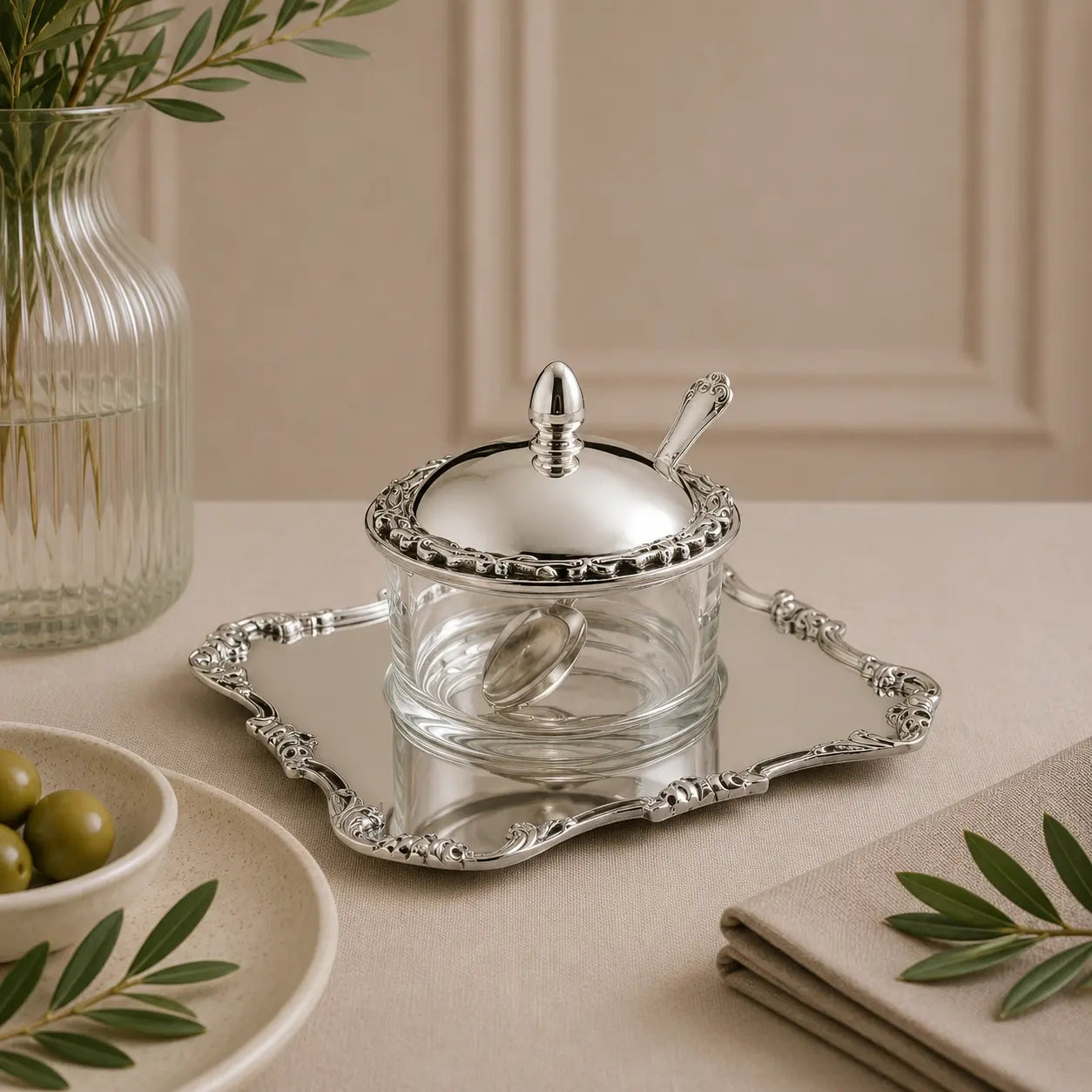 3-teiliges Honigdosen-Set aus 925 Silber und Kristallglas mit Serviertablett und Honiglöffel als elegante Geschenkidee