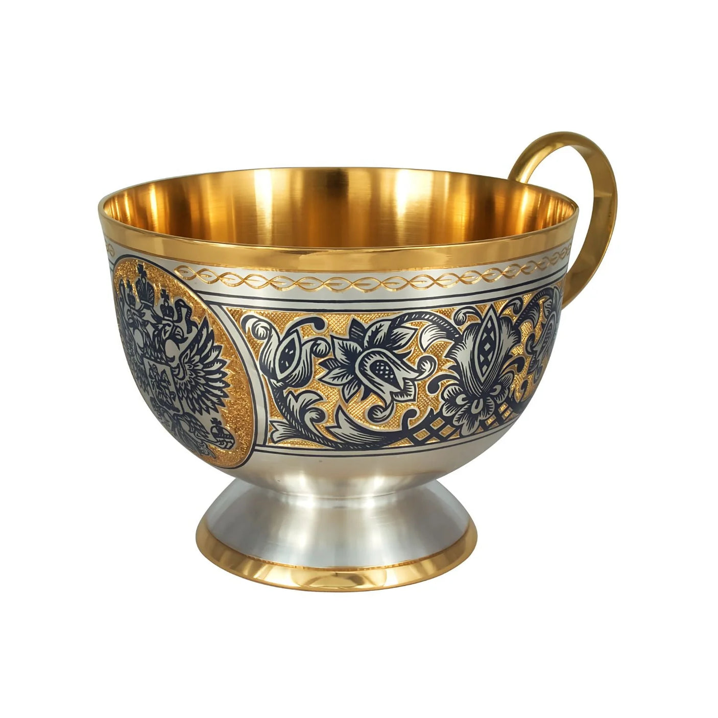 Kaffeetasse 925 Silber vergoldet Souverän — Tasse mit Henkel, Doppeladler-Wappen und Niello-Blütenranken, vergoldet