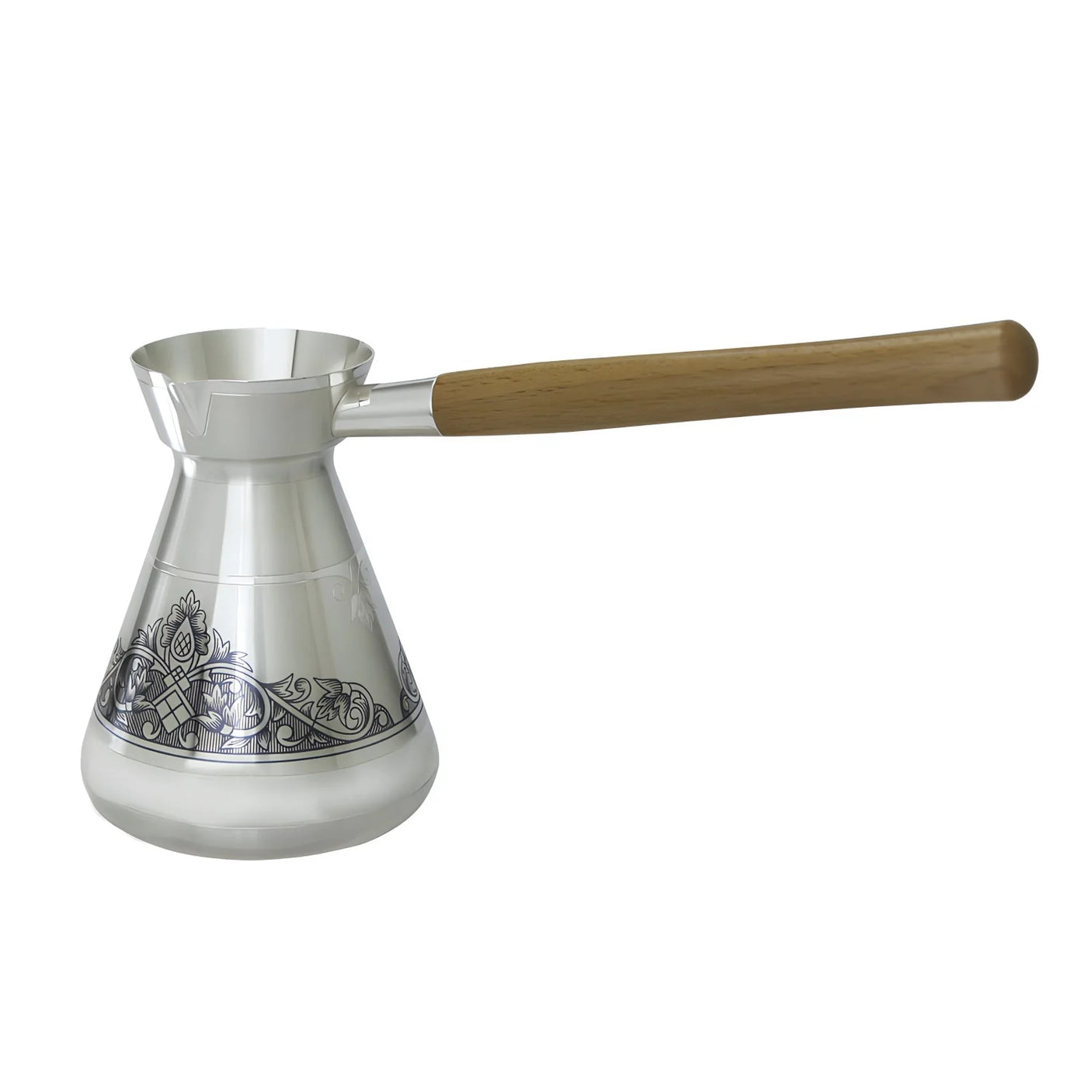 Türkische Kaffeekanne 925 Silber Niello — Cezve mit dunklem Ornamentband und langem Holzgriff, 370 ml
