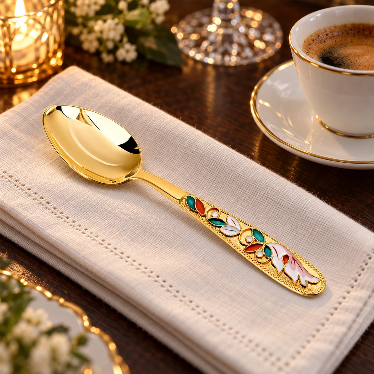 Kaffeelöffel 925 Silber vergoldet mit Emaille — Lifestyle-Setting an der gedeckten Tafel