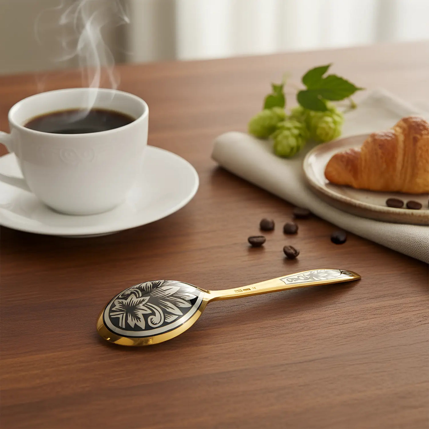 Kaffeelöffel 925 Silber vergoldet mit Niello - Handgravur