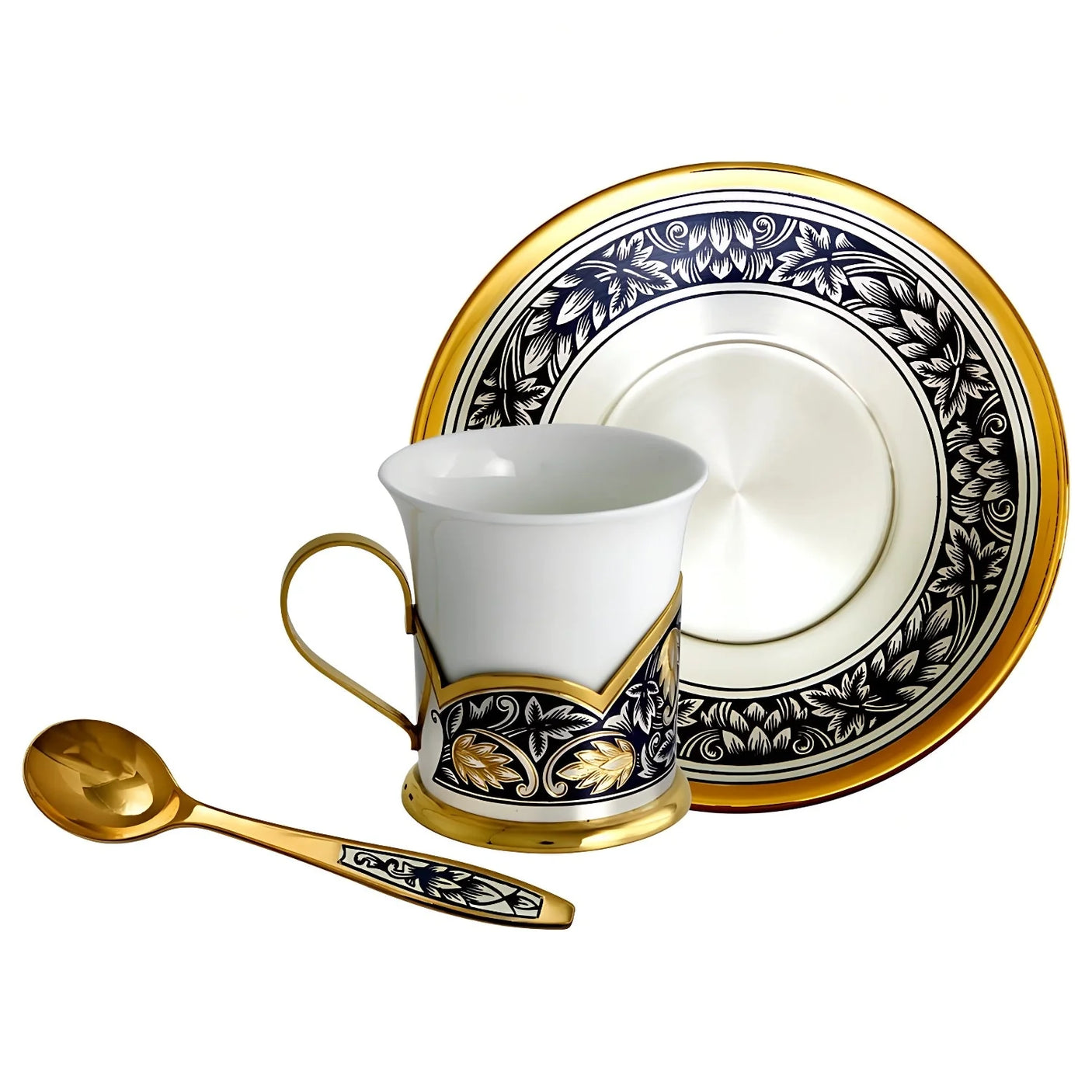 Kaffeeservice 925 Silber vergoldet Niello — Tasse mit Porzellan-Einsatz, Untertasse und Löffel, Aufsicht von oben