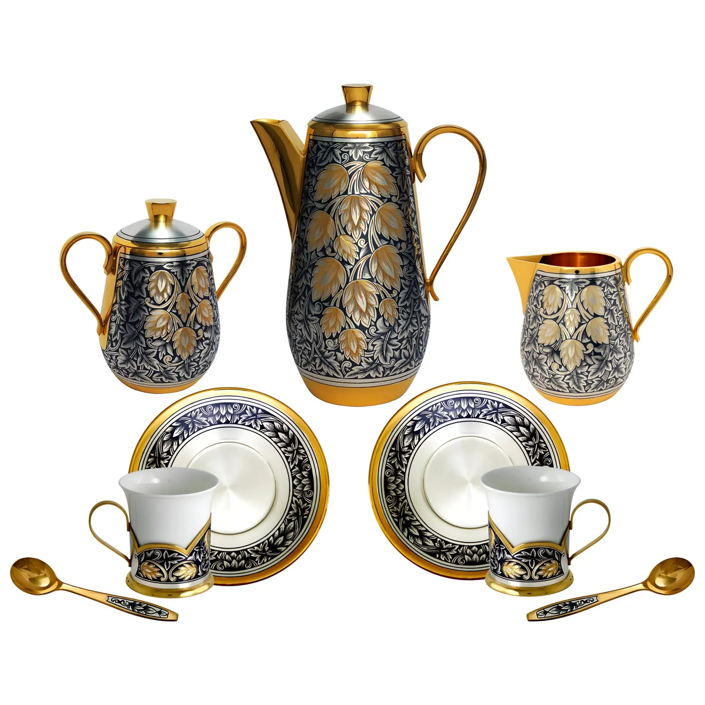 Kaffeeservice Hopfen 925 Silber Niello & Vergoldung – 2 Personen