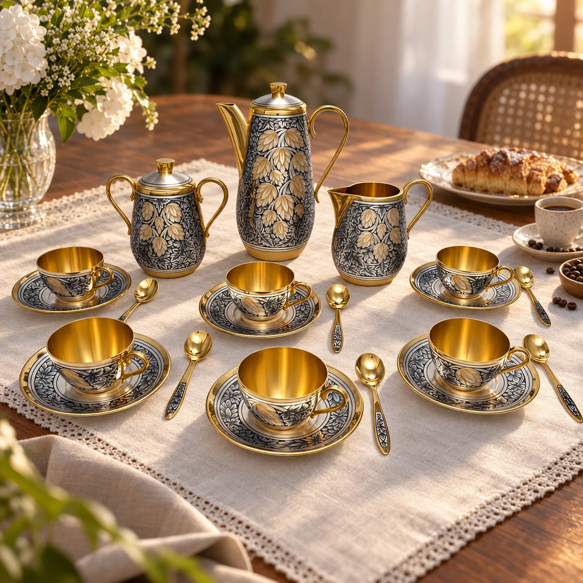 Kaffeeservice 6 Personen 925 Silber vergoldet Hopfen — Lifestyle-Setting am Kaffeetisch
