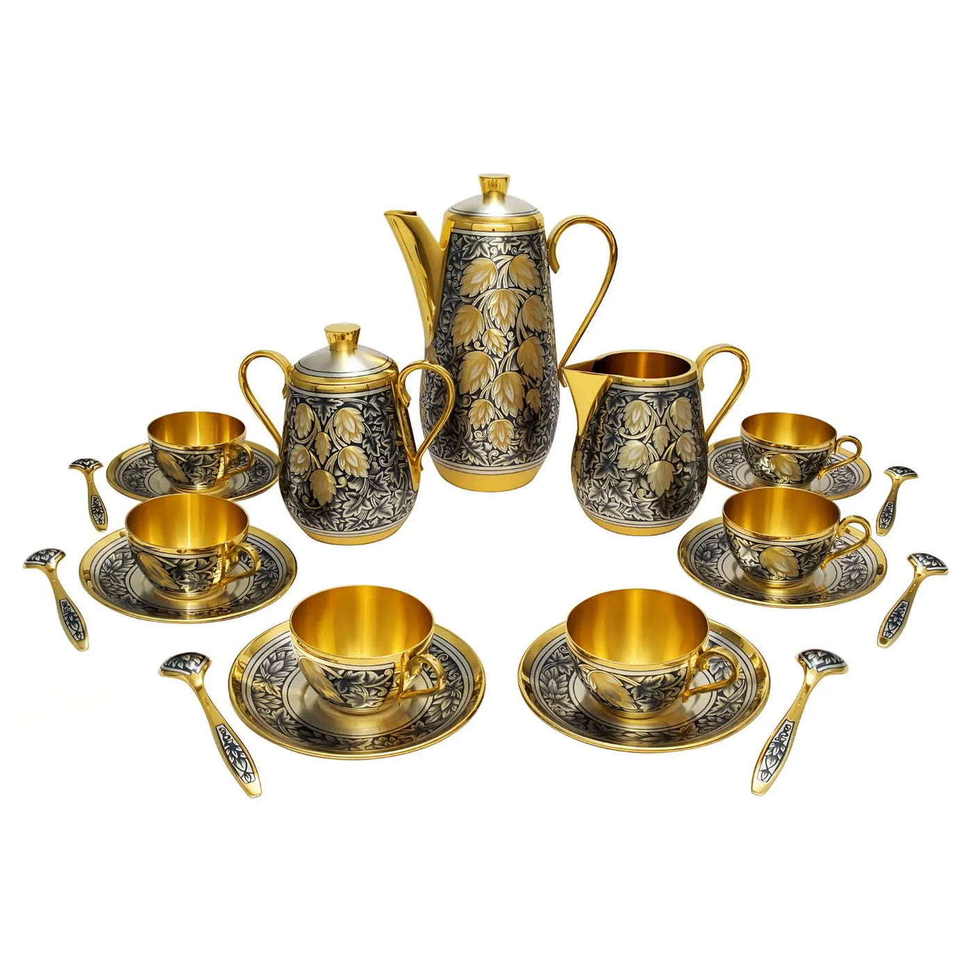 Teeservice Hopfen 925 Silber Niello & Vergoldung – 6 Personen