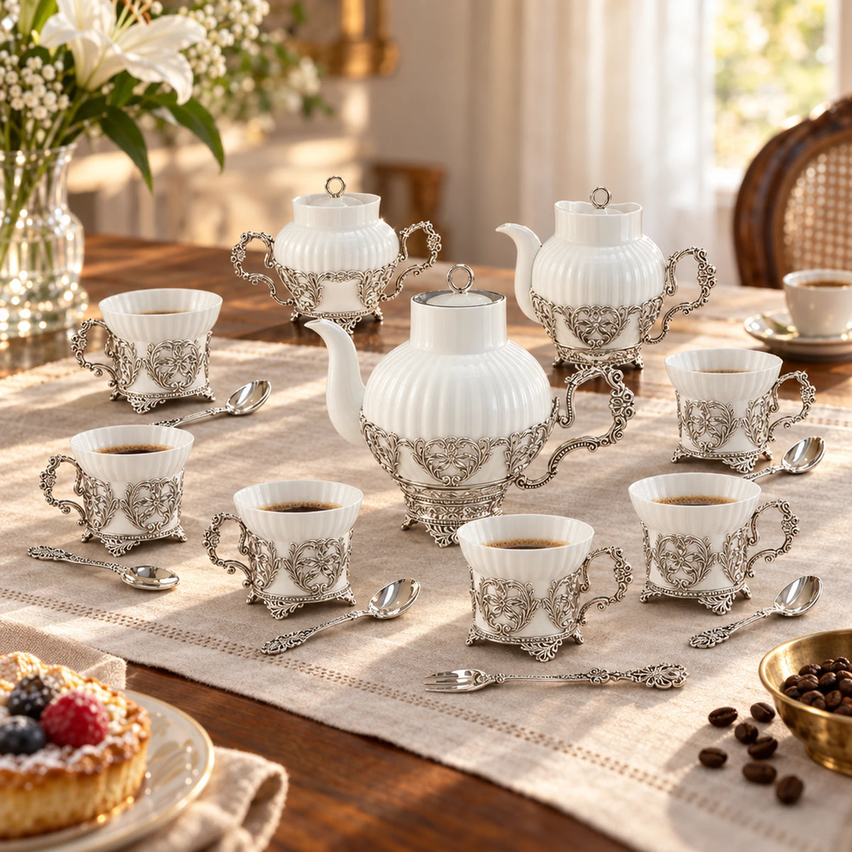 Kaffeeservice Symphonie 925 Silber & Porzellan, 17-teilig — Lifestyle-Setting am Kaffeetisch