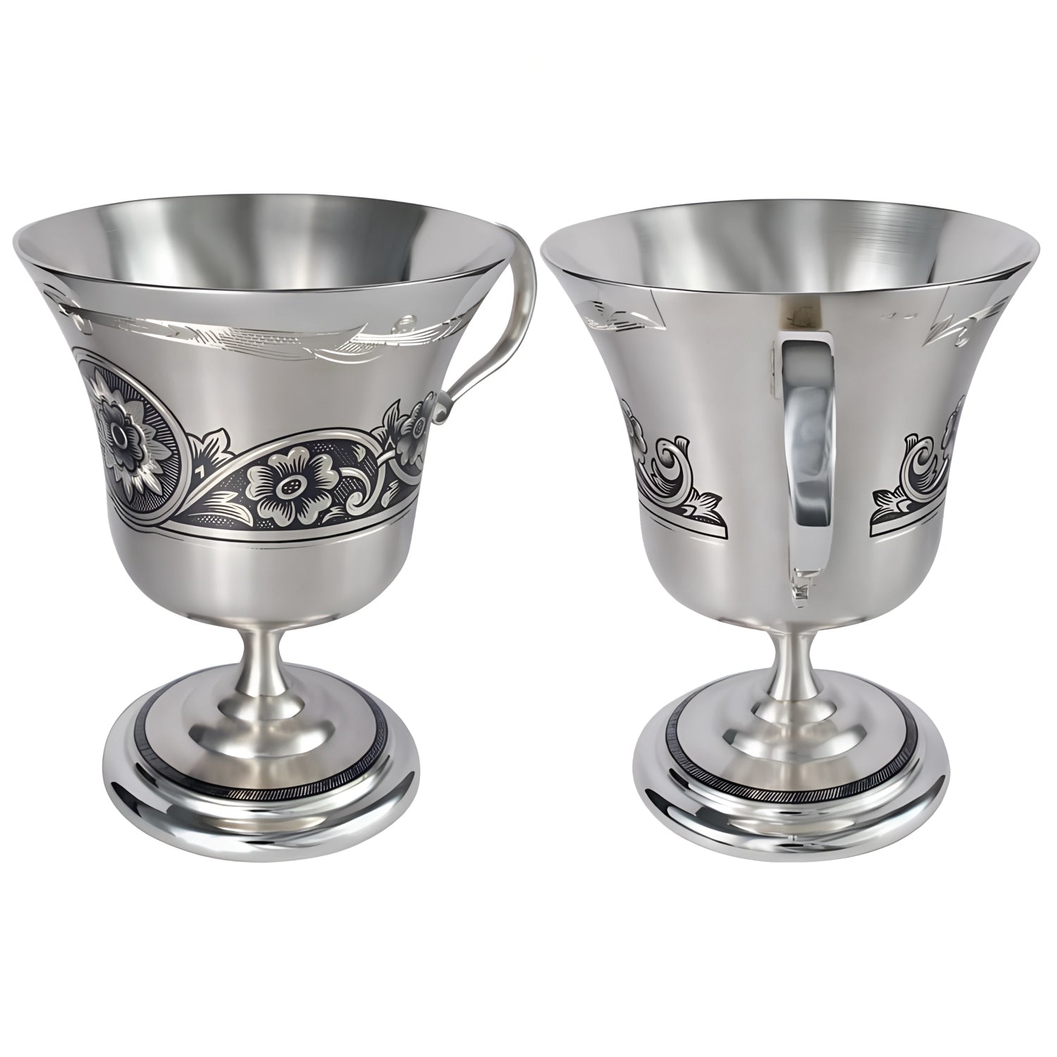 Zwei edle Kaffeetassen Set aus 925er Silber mit einzigartiger Niello-Verzierung.