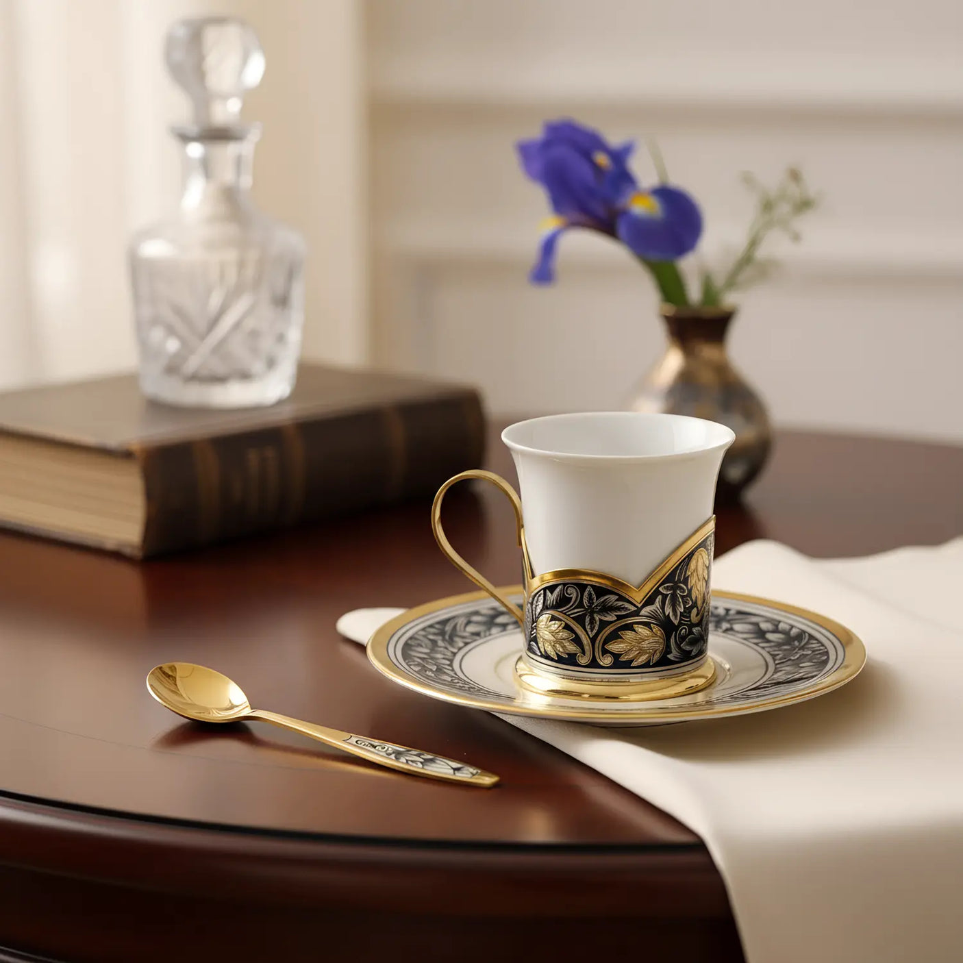 Kaffeetasse Set Hopfen 925 Silber & Porzellan – Niello, Vergoldung & Handgravur