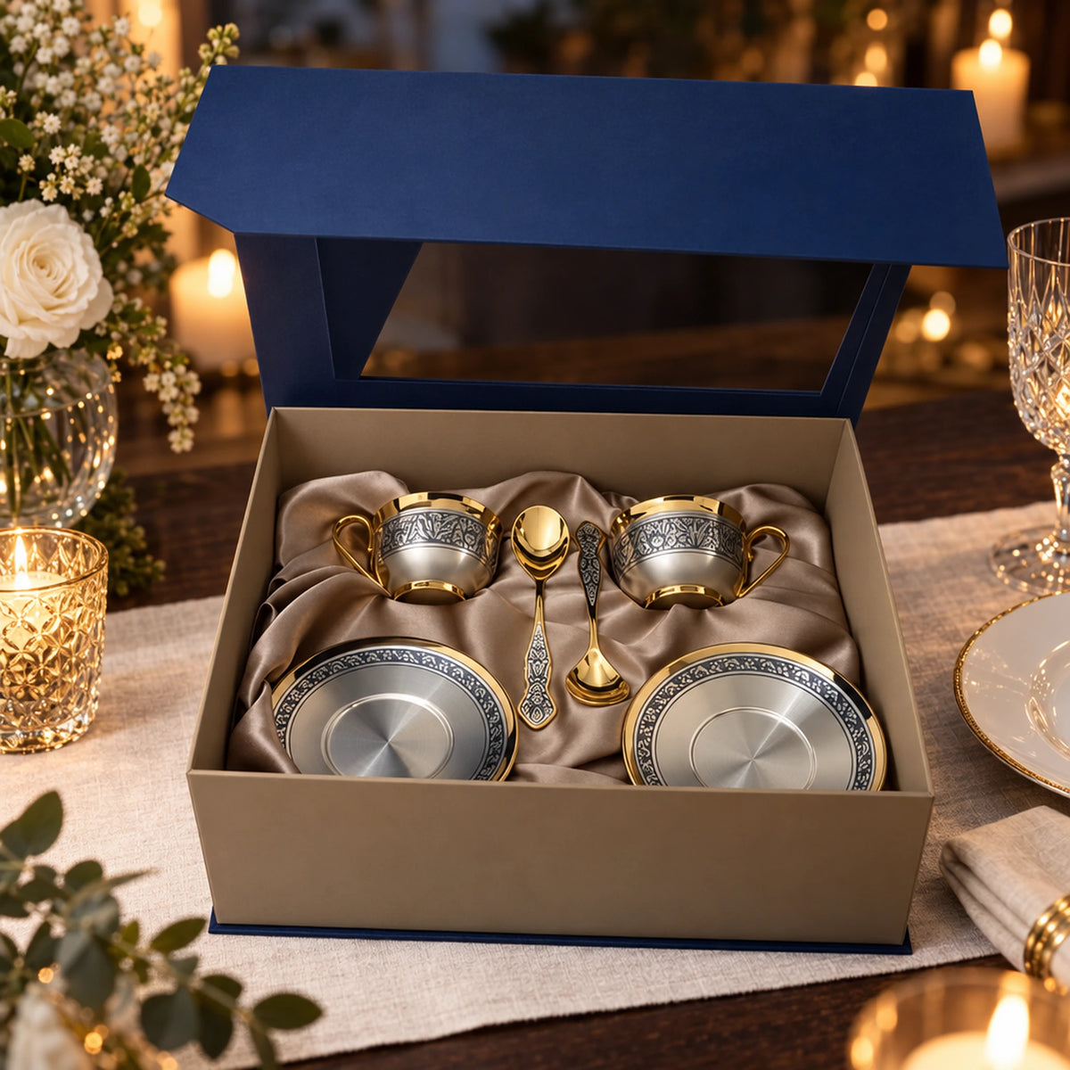 Kaffeetassen Set 925 Silber Inspiration incl. Teesieb in der Geschenkkassette — Lifestyle-Setting