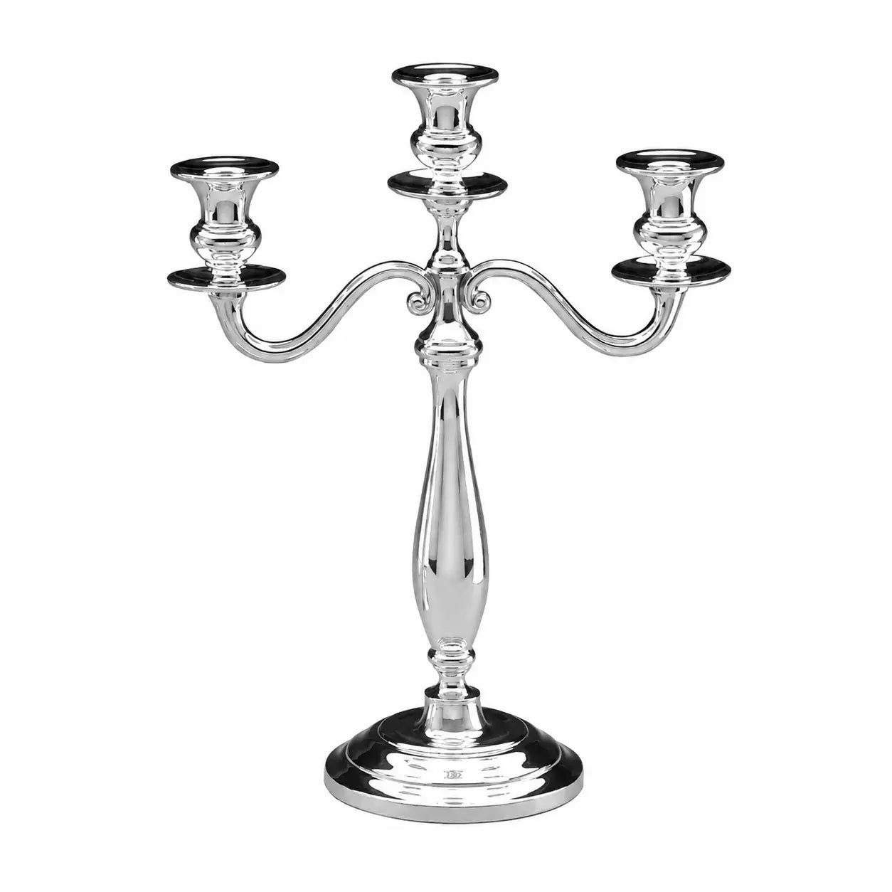 Kandelaber 925 Silber Inglese Zaramella — dreiflammiger Tafelleuchter mit geschwungenen Armen und Baluster-Säule, hochglanzpoliert, Freisteller