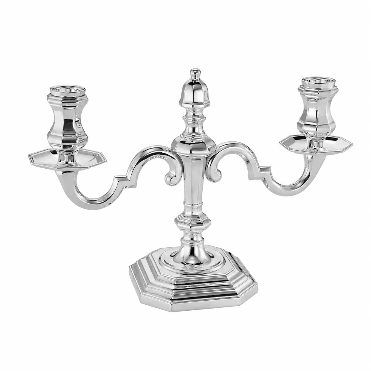 Kandelaber 925 Silber Ottagonale — zweiarmiger polierter Tafelleuchter mit achteckigem Sockel