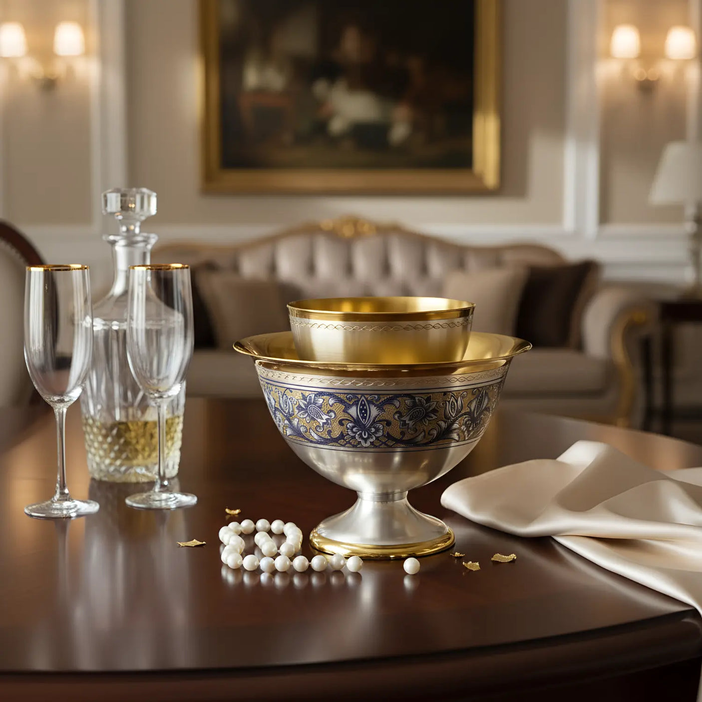 Kaviarschale 925 Silber vergoldet – 2 - teilig „Tradition“ | Niello - Handgravur