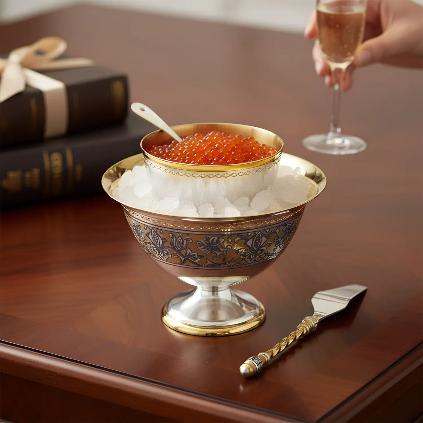 Kaviarschale „Tradition“ – Vergoldetes Niello - Set aus 925 Silber