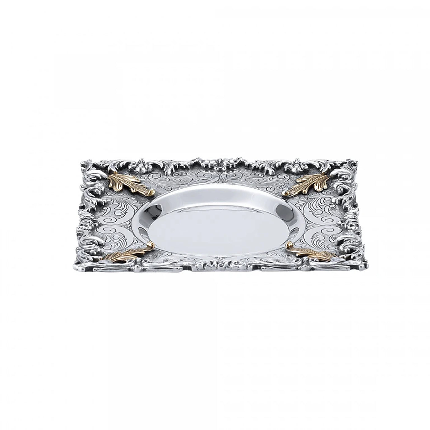 Kiddusch-Teller 925 Silber Signature 16x16 cm — runde Becher-Mulde, teilvergoldete Blattmotive, Zaramella
