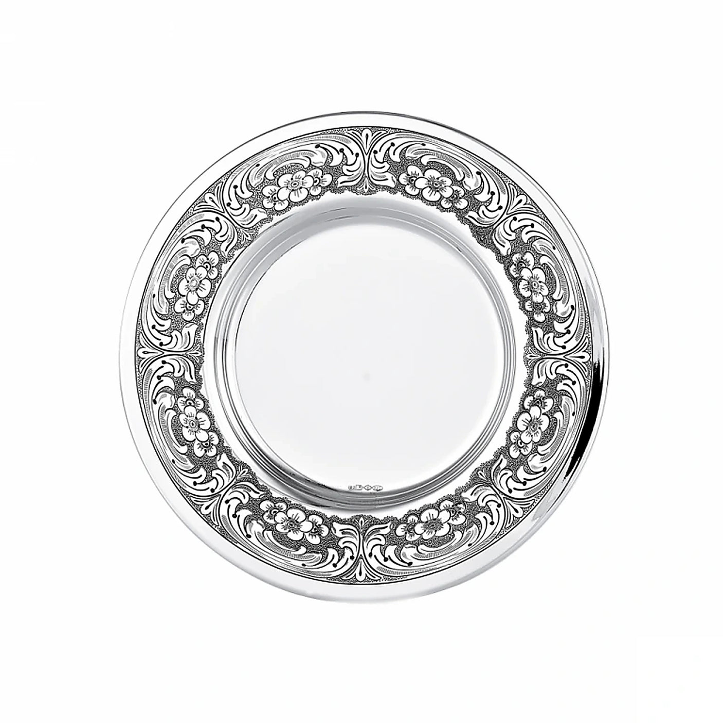 Kiddusch-Teller 925 Silber Signature rund 17 cm — ziselierte Fahne, glatter Spiegel als Becherstand, Zaramella