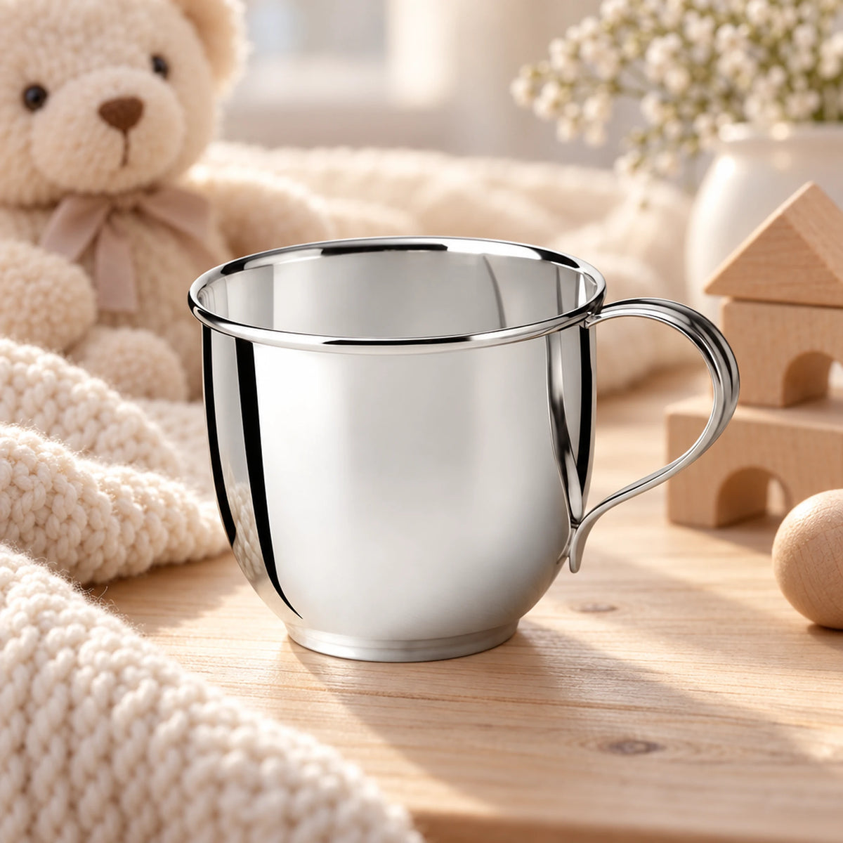 Kinderbecher 925 Silber glatte Form — Lifestyle-Setting, Geschenk zur Geburt und Taufe