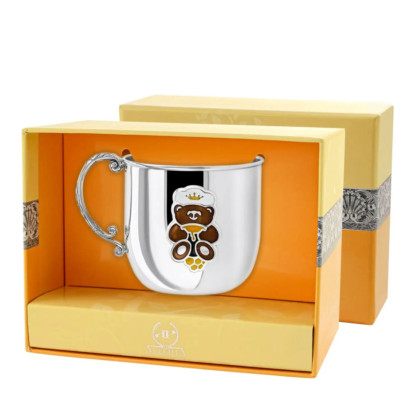 Kinderbecher Teddybär Braun aus 925 Silber mit Emaille & vergoldeter Krone – Taufgeschenk mit Gravur-Option in Geschenkbox.
