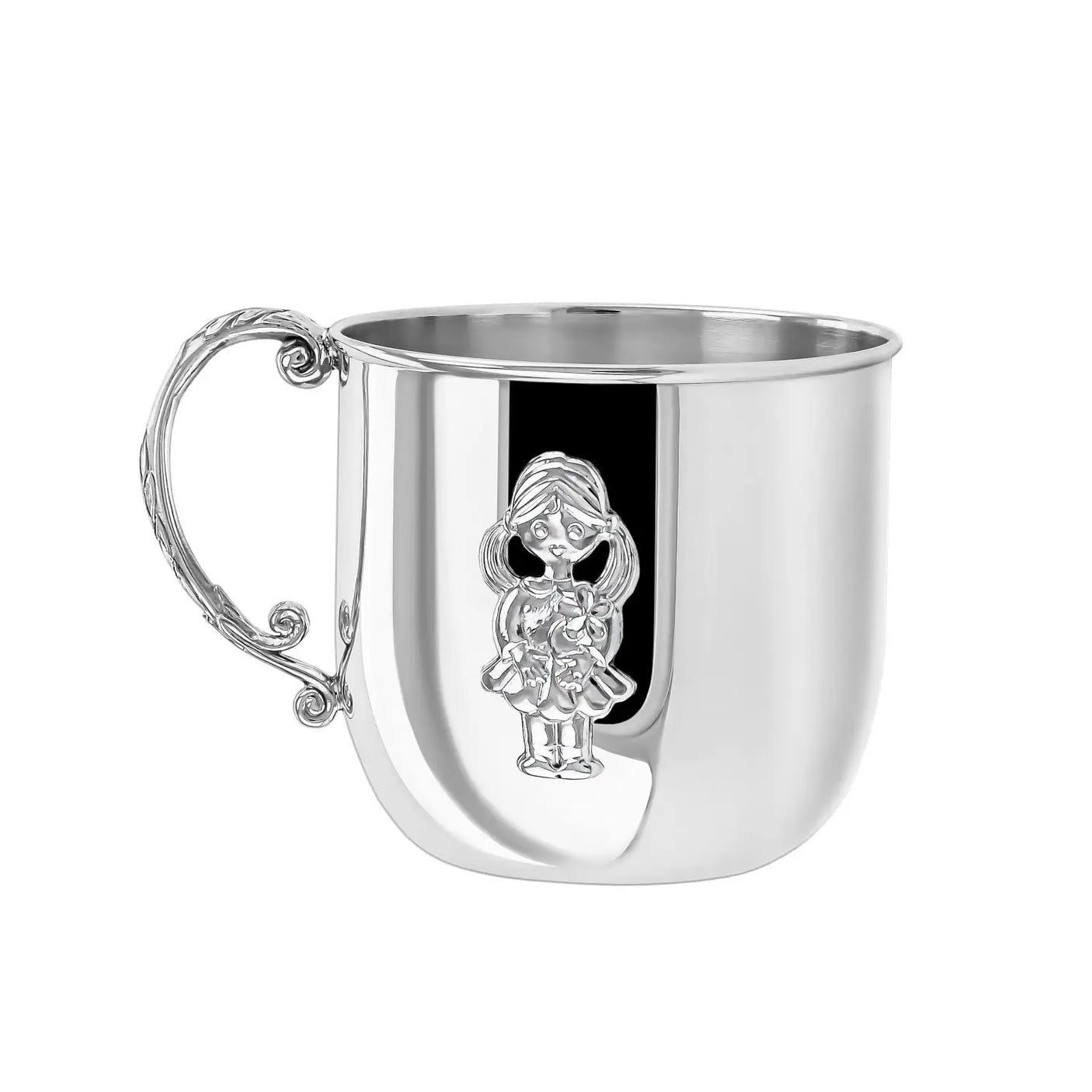 Kindertasse 925 Silber mit Mädchen-Relief und geschwungenem Henkel – edles Geburtsgeschenk zur Taufe