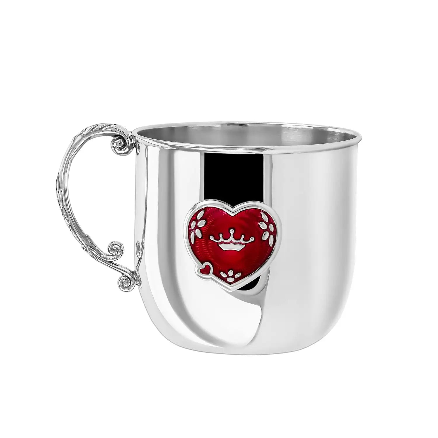 Baby Geschenkset 925 Sterling Silber Babytasse mit roter Herz-Emaille und Krone als Geburtsgeschenk.