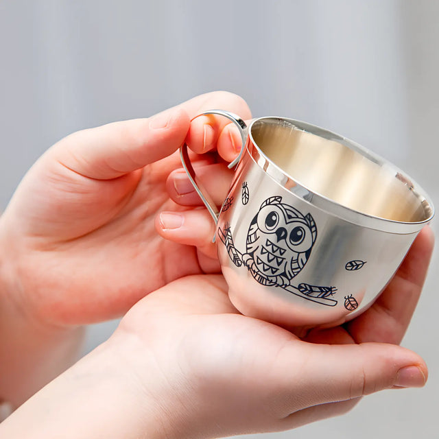 Kindertasse aus 925 Silber – Eule mit Niello - Verzierung