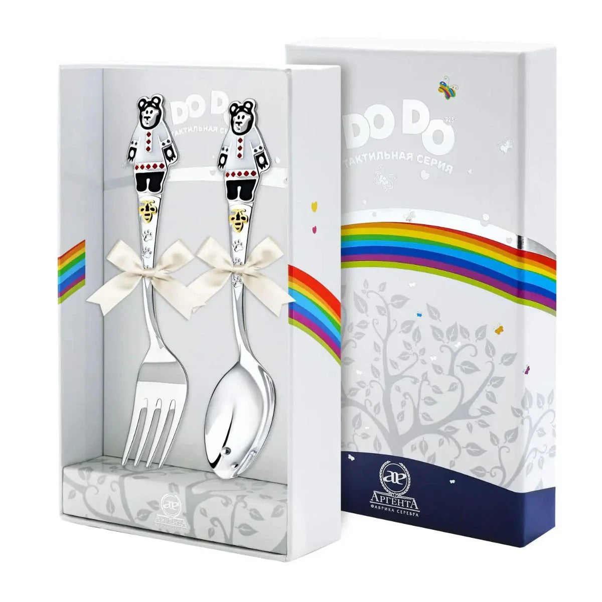 Kinderbesteck 925 Silber: Löffel und Gabel mit Bienenbär, beide mit Schleife in der Geschenkbox