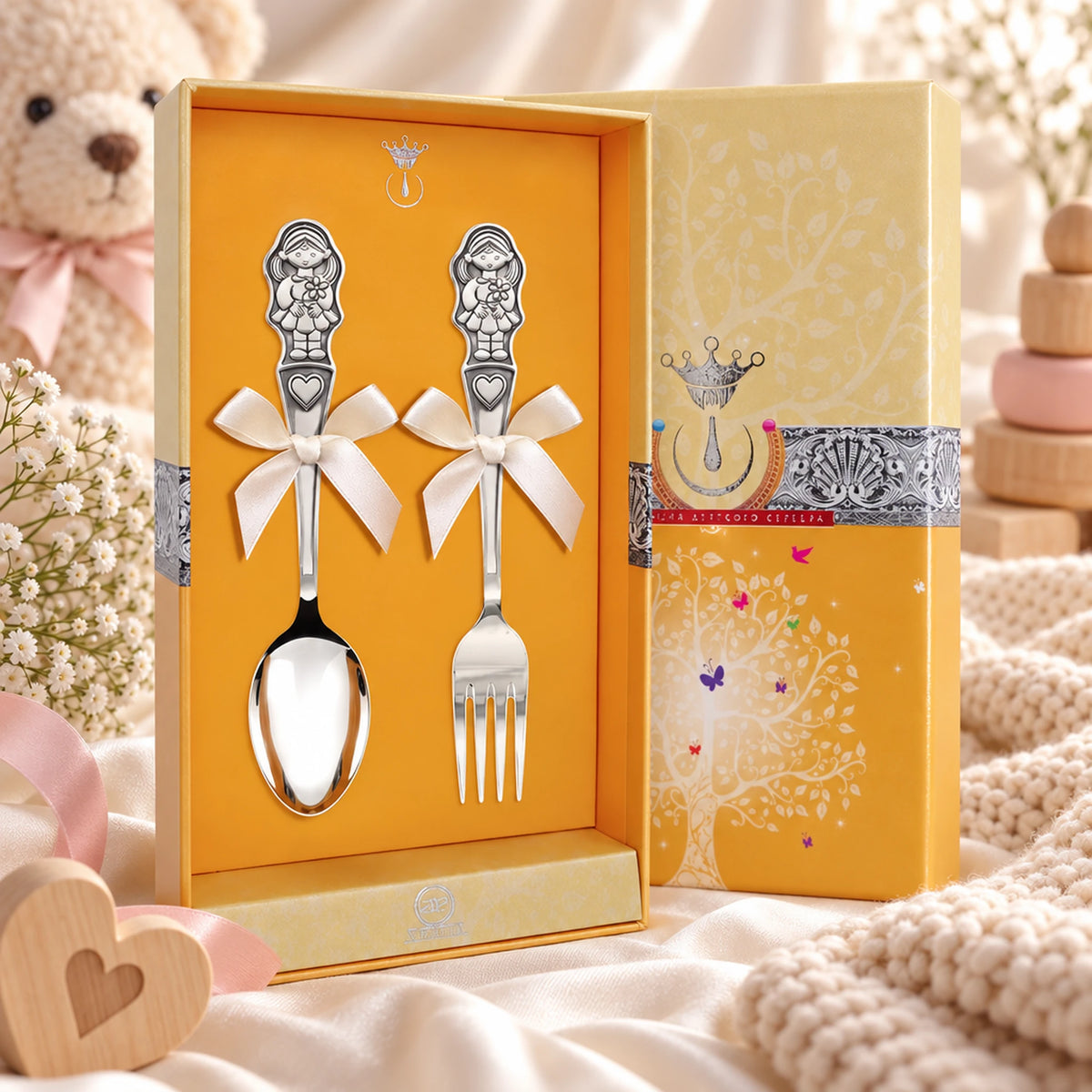 Kinderbesteck 925 Silber Mädchen-Relief in der Geschenkbox — Lifestyle-Setting, Geschenk zur Geburt und Taufe