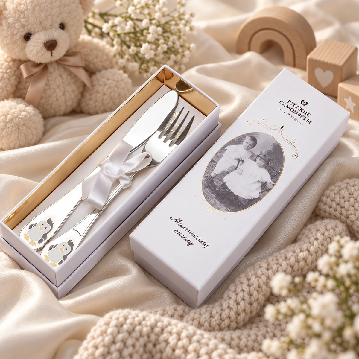 Kinderbesteck 925 Silber Pinguin-Motiv in der Geschenkbox — Lifestyle-Setting, Geschenk zur Geburt und Taufe