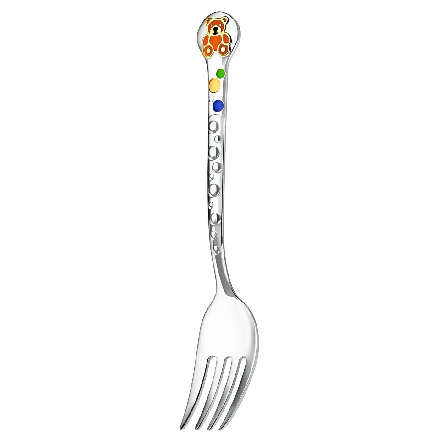 Kindergabel aus 925 Silber, Teddybär-Motiv mit orange-goldener Emaille, Teil des Geschenksets.