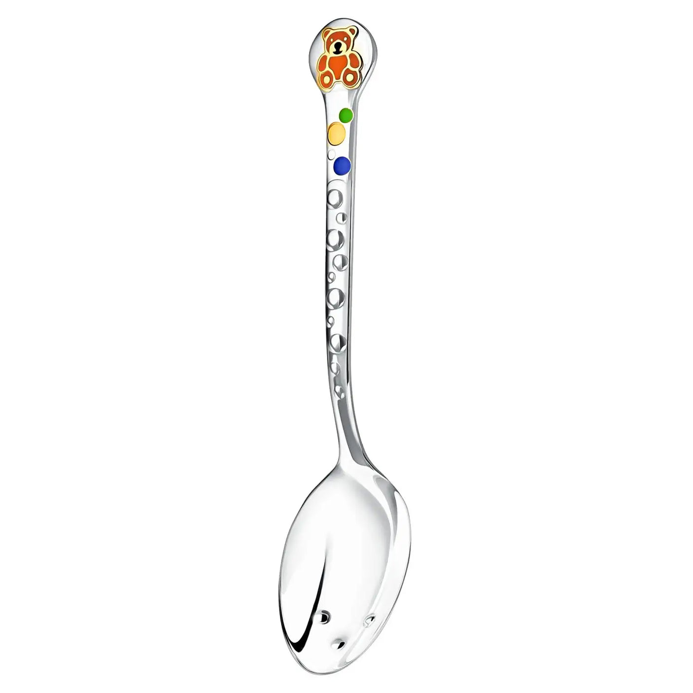 Kinderlöffel Silber 925 mit Teddybär-Motiv und bunter Emaille-Verzierung, Design Orange-Gold.