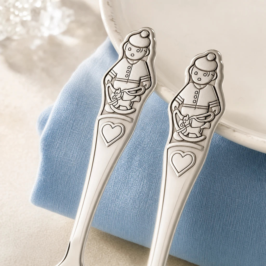 Stiel-Detail von Kinderlöffel und Kindergabel 925 Silber mit Junge-Figur und Herz auf hellblauem Leinen — Lifestyle